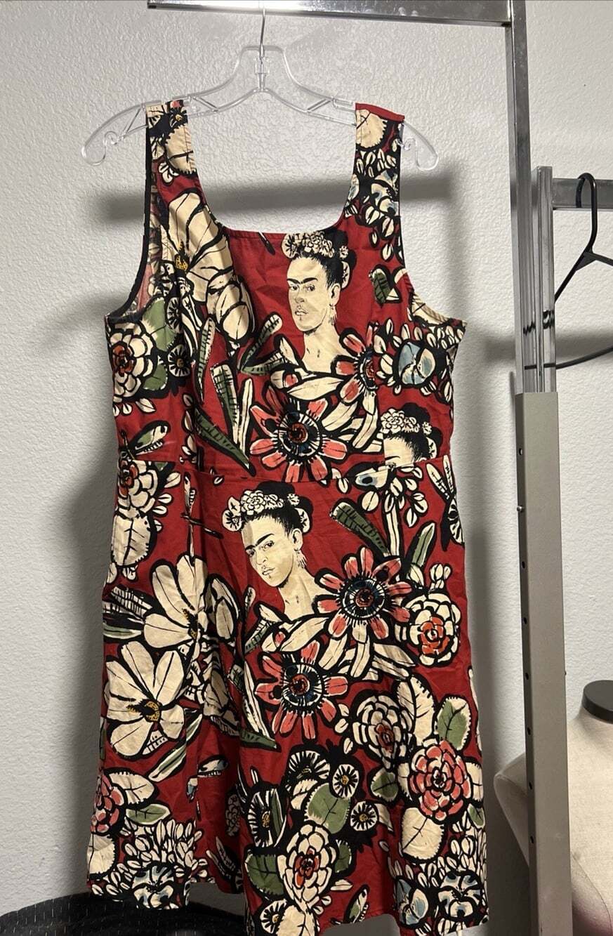 Retrolcious Frida Kahlo Print Dress Womens 3X Red Floral Novelty Art Made USA